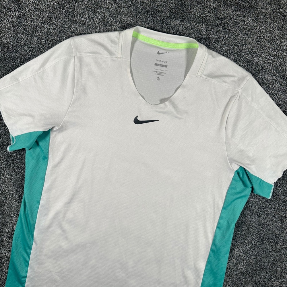 Nike Shirt Women Large Slim Fit White Teal Dri-FIT V-Neck Athletic Training